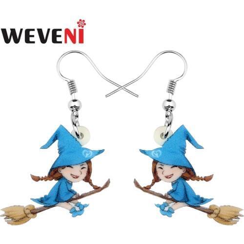 WEVENI Acrylic Halloween Blue Hat Broomstick witch Girl Earrings Drop Dangle Festival Jewelry For Women Girls Lady Teen Gift New