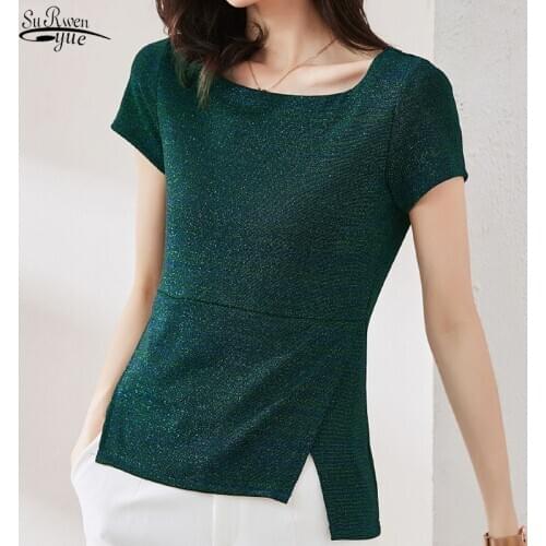 Blusas Women Tops Blouse Short Sleeve O-neck Shirt Women 2021 Casual Korean Solid Knit Fashion Summer Office Lady Clothing 9448