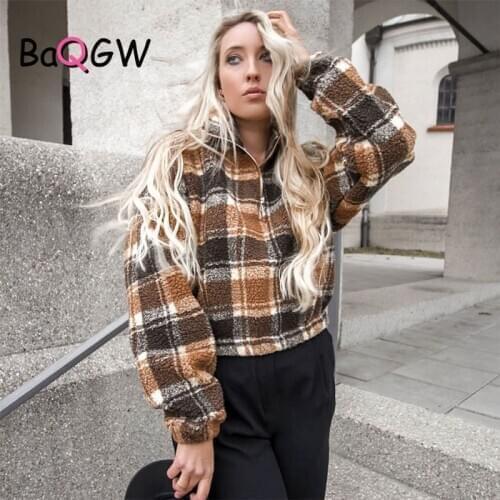 BaQGW Sweatshirt Women Casual Long Sleeve Plaid Teddy Coat Fur Crop Sweatshirt Turndown Collar Tops Blouse Womens Sweatshirt