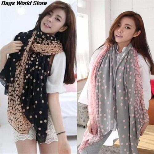 Women Lady Spring Autumn Warm Soft Long Voile Neck Large Dots Scarf 1Pcs Wrap Shawl Pink Grey 2 Styles