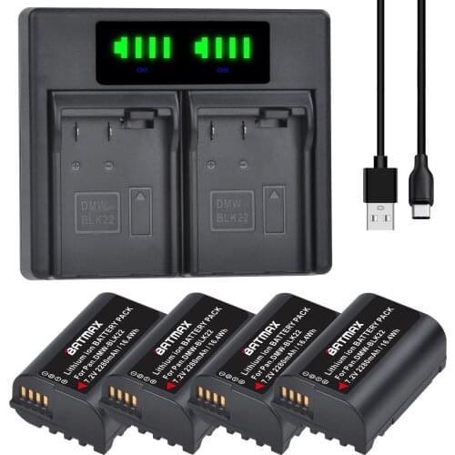 4X 2280mAh DMW-BLK22 DMW BLK22 Battery + LED Dual Charger for Panasonic LUMIX DC-S5 DC-S5K Cameras