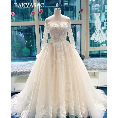 BANVASAC Real Photos Boat Neck Ball Gown Wedding Dresses 2018 Cap Sleeve Plus Size Lace Appliques Cathedral Train Bridal Dresses