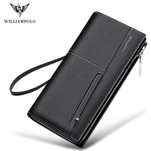 WILLIAMPOLO Long Wallets For Men Leather RFID Blocking Bifold Wallet with Zipper luxury brand zipper men clutches Credit Cards