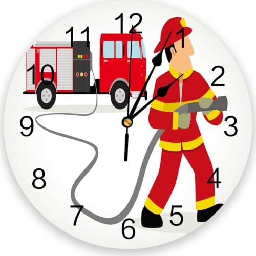 Fireman Cartoon Fire Truck Living Room Clock Wall Round Clocks Decor Home Bedroom Kitchen Decoration Wall Clocks