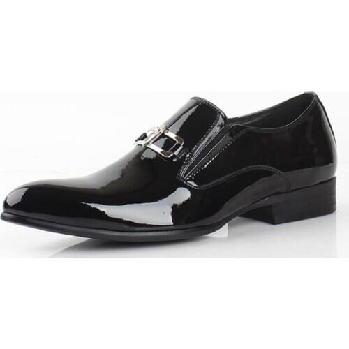 High top pointed toe handmade black dress shoes patent leather wedding shoes fashion slip on mens business shoes