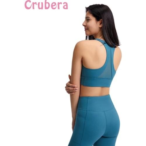 CRUBERA Mesh Patchwork Longer-line Version Soft Nylon Padded Bras Fitness Running Workout Women Gym Athletic Sports Bras