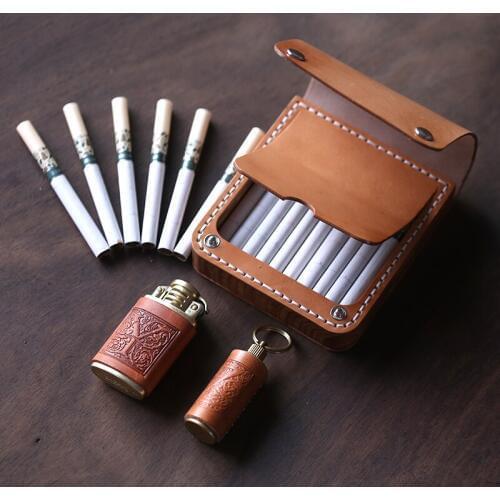 Handmade Wooden Leather Cigarette Case Portable 20 Sticks Moisture-proof Clamshell Snap Button Retro Cigarette Storage Box Gifts