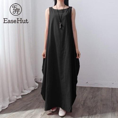 EaseHut Women Sleeveless Long Dress Plus Size 5XL Pockets O Neck Solid Loose Mori Swing Tank Dress Summer Maxi Dress