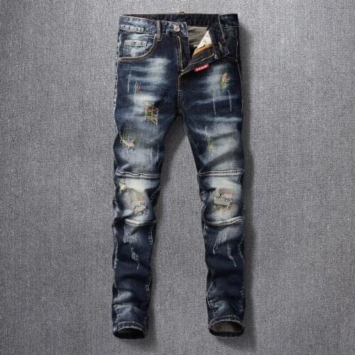 Korean Style Fashion Men Jeans Retro Black Blue Elastic Slim Fit Ripped Jeans Men Embroidery Designer Hip Hop Denim Punk Pants
