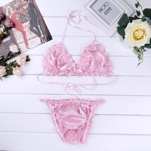 Mens Sissy Lingerie Babydoll Ruffled Frilly Shiny Bikini Lingerie Set Strappy Halter Bra Top with Briefs Erotic Gay Underwear