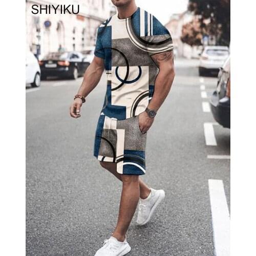 SHIYIKU Brand Mens Suit Two-Piece Harajuku Vintage Printed Short-Sleeved T-Shirt+Shorts Clothes Casual Men Set Streetwear