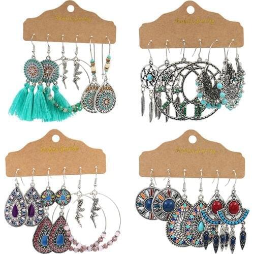 Vintage Big Round Multicolor Bead Earrings Set for Woman Geometry Fanshaped Boho Tassel Long Dreamcatcher Drop Earrings