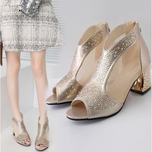 New Summer Fish Snout with Diamond Mesh Sandals Womens Thick Heels Womens Summer Shoes Womens Roman Shoes