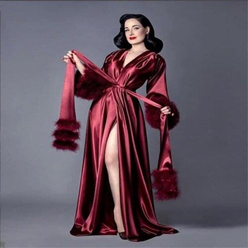 Real Image Women Fur Night Gown Pajama Silk Red Bathrobe Bride Sleepwear Ruffles Soft Robes Custom Made Pregnant Dress