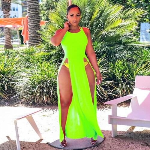 RMSFE 2021 Fashion Vintage Sexy Mature Safari Style Personality Handsome Sleeveless Waist Round Neck High Fork Solid Long Dress