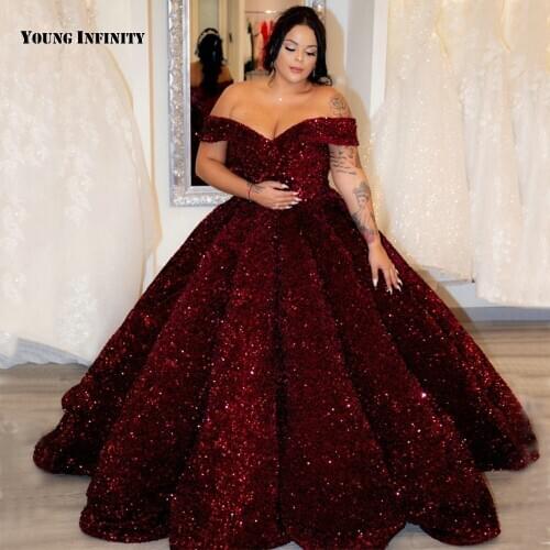Luxury Sparkly Arab Ball Gown Burgundy Prom Dress 2020 Elegant V Neck Green Gold Dubai Evening Party Gown Shining Lady Dress