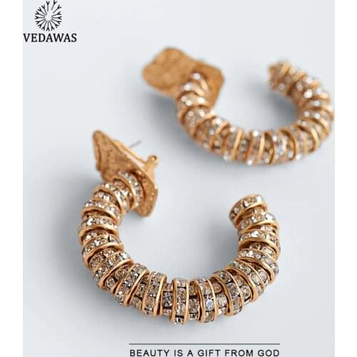 Vedawas ZA Trendy Hewn Metal Hoop Earrings for Women Vintage Crystal Shiny Drop Earrings Jewelry Party Show Bijoux Wholesale