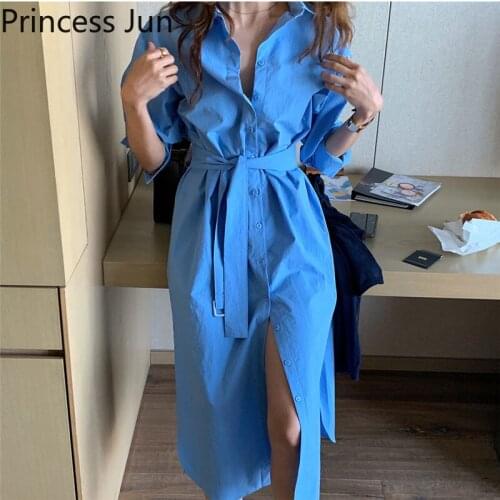 Chic Long Blue Turn Down Collar Casual Shirt Dress Spring New Fashion Belt Long-sleeved Dress Single Breast A Line Midi Dress