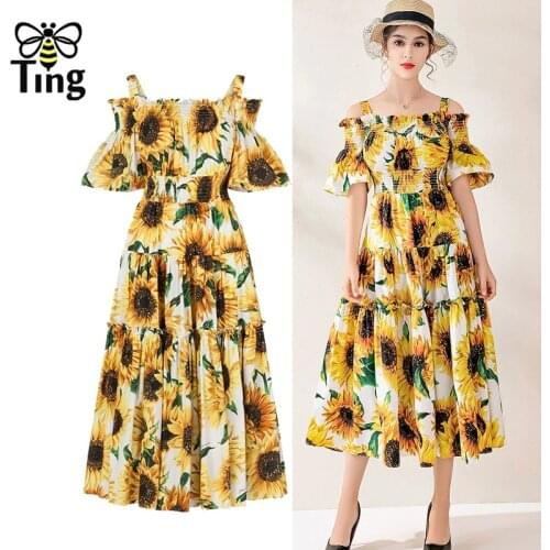 Tingfly 2020 Spring Summer Sunflower Floral Print Dress Slash Neck Midi Party Night Dress Boho Sundresses Casual Vestidos Robes