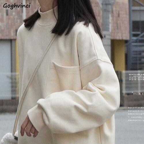 Sweatshirts Women Japanese Style Turtleneck Oversize Flocking Thicker Warm Pullover No Hat Hoodies Students Simple Leisure Chic