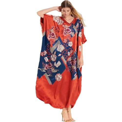 Bright Red Maxi Dress Floral Print Elegant Slouch Floor-Length Tunic Oversize Robe Satin Dubai Smooth Carefree Silk-like Kaftan