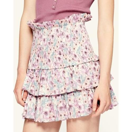 Women Summer Slim Pleated Ruffles Floral Slim High-waisted Mini Skirts Female Sweet Fashion New Skirt Ladies Cotton Skirts ML097