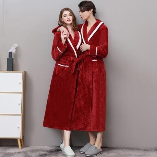 Winter Warm Coral Fleece Dressing Gown Mens Bathrobe Female Nightgown Large Size Robe Pajamas For Couples Long Sleeve Sleepwear