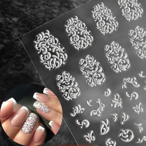 1 Pc White Lace Embossed Nail Stickers Retro Baroque 3D Water Slide Nail Art Decals Fashion New Lady Nail Decoration MJ16
