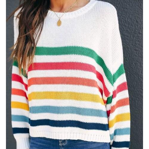 Oversized Ladies Rainbow Sweater Women Autumn Winter Tops 2020 New Knitted Pullovers Knitwear Loose Striped Sweaters Female