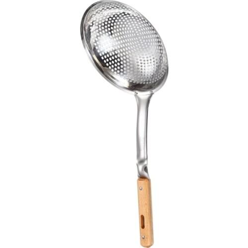Wooden Handle Stainless Steel Colander Strainer Noodle Cooking Spatula Pasta Oil Spoon Strainer Kitchen Tool