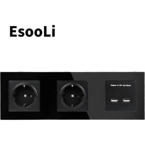 EsooLi Black Wall Crystal Glass Panel Double Socket 16A EU Electrical Outlet Dual USB Smart Charging Port 5V 2A Output