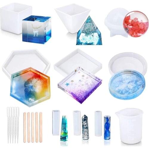 Resin Molds, 20Pcs DIY Silicone Resin Molds, Epoxy Casting Molds With Measurement Cup,Dropper And Wood Sticks