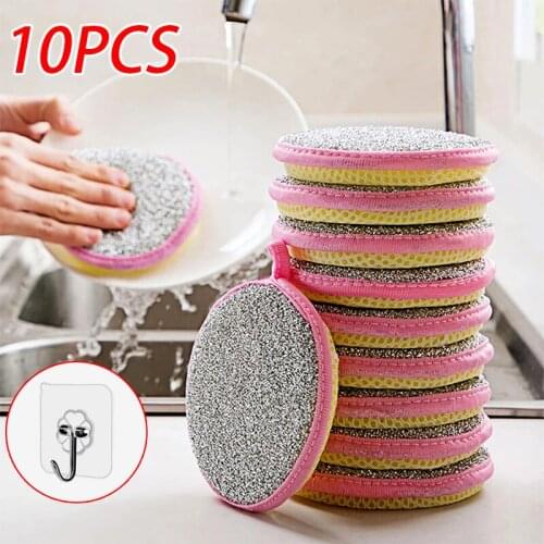 10Pcs Double Side Dishwashing Sponge Kitchen Scouring Pad Round Pot Bowl Cleaning Brush Reusable Home Cleaning Sponge With Hook