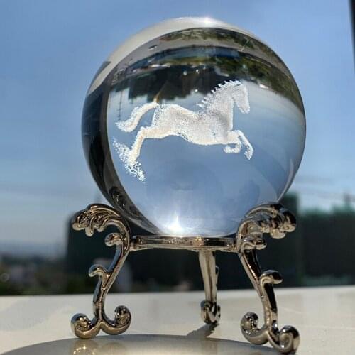 H&D 60mm 3D Carving Horse Decor Crystal Ball Paperweight with Stand Display for Home Office Table Collectibles Gift
