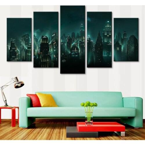 5 Panel Bioshock Rapture Night View Painting Modular Abstract Game Poster Wall Art Canvas Pictures Home Decor HD Print