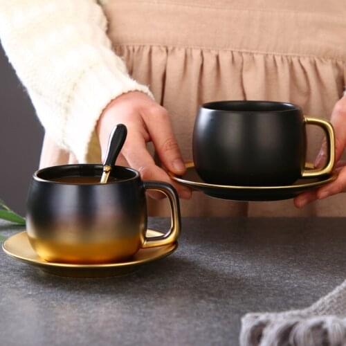 Ceramic Light Luxury Simple Matte Black Gold Champagne Coffee Cup with Saucer Spoon Set Unique Travel Couple Teacup Milk Mug