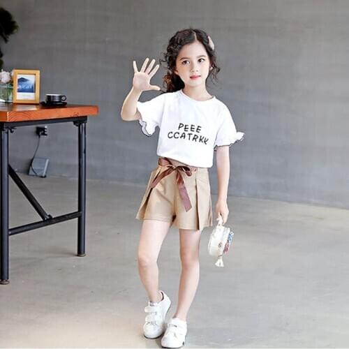 Kids wear flower petal short-sleeved T-shirt sweatshirt+shorts two-piece letter printing fashion hot sale child quality clothing