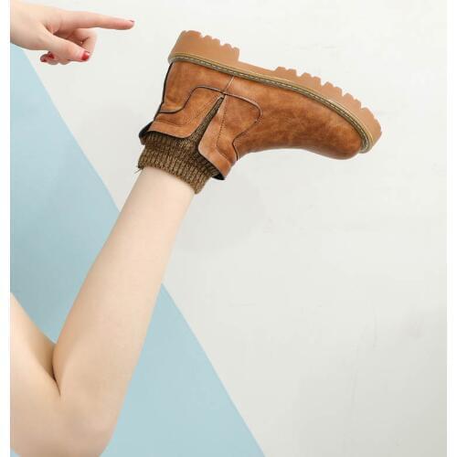 Leather Martin Boots Chelsea Booties Female Flat-bottomed British Wind Womens Shoes Wool Mouth Thick With Motorcycle Shoes