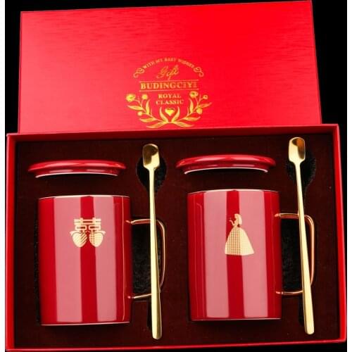 Creative Couple Wedding Cup with Spoon Lid Ceramics Mug Milk Water Tea Cup Drinkware Home Office Cup Lover Valentines Gift