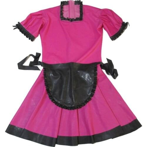 Latex Women Rose And Black Maid Costumes Rubber Dress With Apron Customized Handmade S-LD154