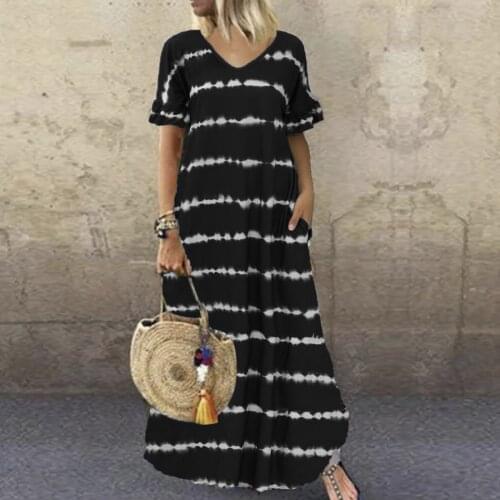 Summer Fashion Loose Maxi Dress Womens Ladies Fashion Casual Round Neck Short Sleeve Stripe Print Dress Hot Style Beach Dress