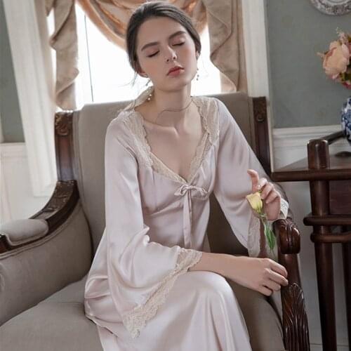 Summer Womens Ice Silk Dress Satin Princess Sleepshirts Vintage Ladies Girls Nightgowns Court Style Nightdress Home Sleepwear