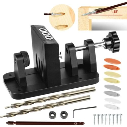 Adjustable Pocket Hole Jig System 15 Degree Oblique Hole Locator Woodworking Joinery Kit Inclined Drilling Bit Guide Dowel Jig