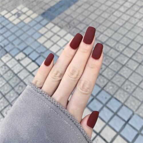 Frosted Matte Wine Red Long Square Shape Fake Nails Reusable Ultrathin Fashion Solid Color Coffin Finished False Nails with Glue
