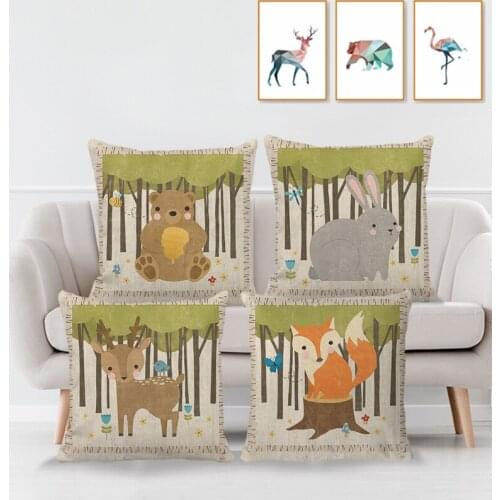 New North American Linen Pillowcase Painted Cute Pet Cartoon Painting Cushion Cover Cute Deer Bear Fox Rabbit Pattern Pillowcase