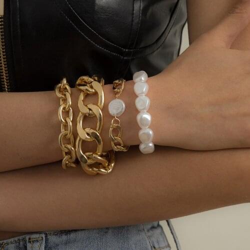 New Exaggerated Baroque Thick Chain Imitation Pearl Set Bracelet European and American Hip Hop Geometric Aluminum Chain Bracelet