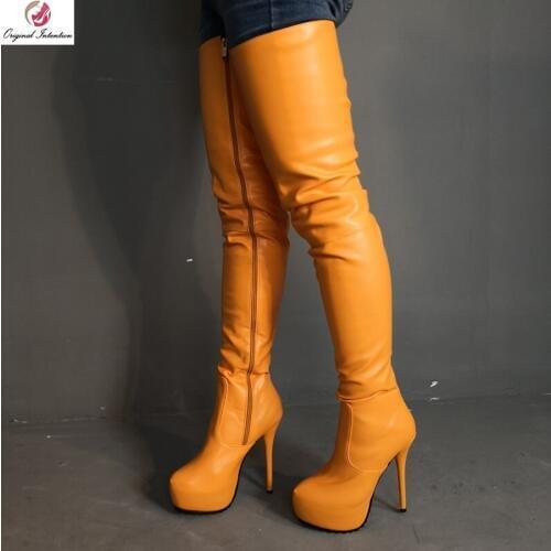 Original Intention Sexy Women Over Knee Boots Zipper Round Toe Thin High Heels Boots Shoes Woman Orange Shoes Woman Plus Size 20