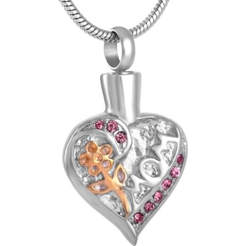 Memory For Mom Stainless Steel Heart Shape Memorial Urn Pendant Hold Human Ashes Keepsake Cremation Necklace with Golden Flower