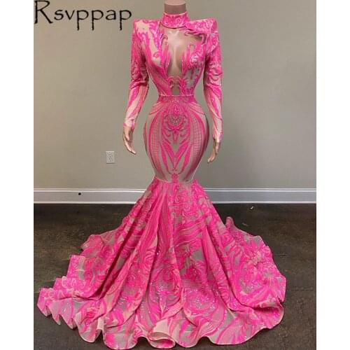 African Style Long Sleeves Prom Dresses 2021 Designed High Neck Open Back Hot Pink Sparkly Sequin Long Mermaid Party Prom Gowns