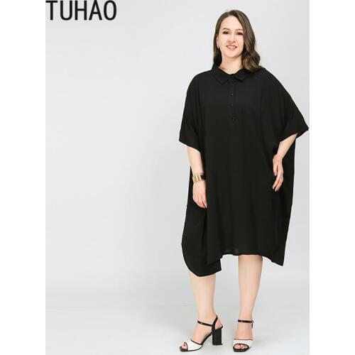 TUHAO Big Size 8XL 7XL 6XL 5XL Black Dress Summer Women Dresses Batwing Sleeve Mid-Calf Length Split Lady Dress LW121